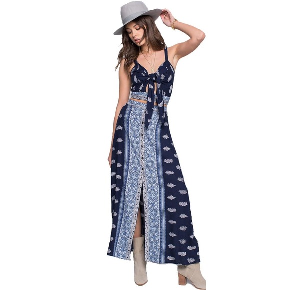 Band of‎ Gypsies Sz XS Boho Maxi Split Skirt/Crop Top Set Bandana Hippie - Picture 1 of 16